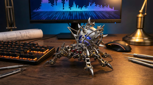Assembled DIY mechanical spider Bluetooth speaker kit made of stainless steel standing on a wooden desk