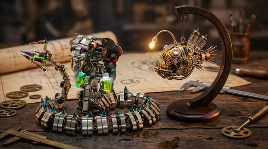 A cinematic workshop scene featuring a mechanical cobra and a steampunk anglerfish lamp, representing the evolution of kinetic art sculptures.