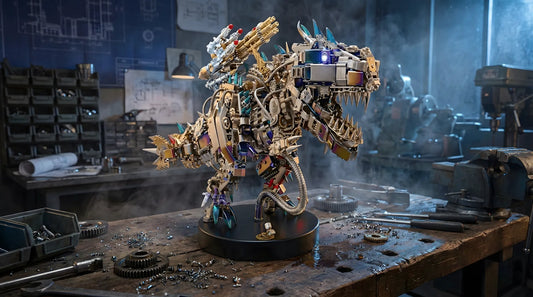 Blog cover image showing the silver Mechanical T-Rex Destroyer model with blue LED eyes and red missile tips in a dramatic engineer workshop setting, representing the ultimate unique gift for engineers.