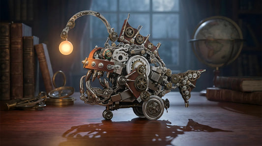 Steampunk Mechanical Anglerfish model kit with glowing LED lure on a wooden desk, showcasing industrial deep sea decor style.