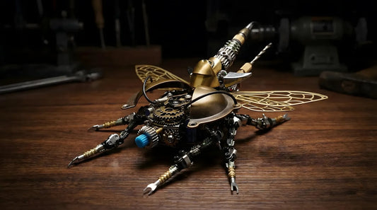Steampunk mechanical rhino beetle model kit fully assembled on a workbench