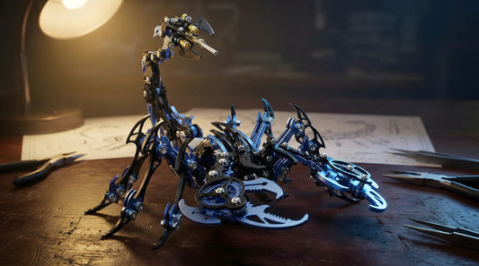 Assembled 3D metal puzzle scorpion model kit standing on an engineer's workbench with steampunk aesthetic