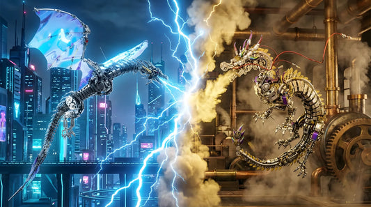 Epic showdown between Mechanical Wyvern (Crystal Drake) and Steampunk Chinese Dragon (Azure Emperor) model kits, highlighting the contrast between Cyberpunk steel and Steampunk brass aesthetics.