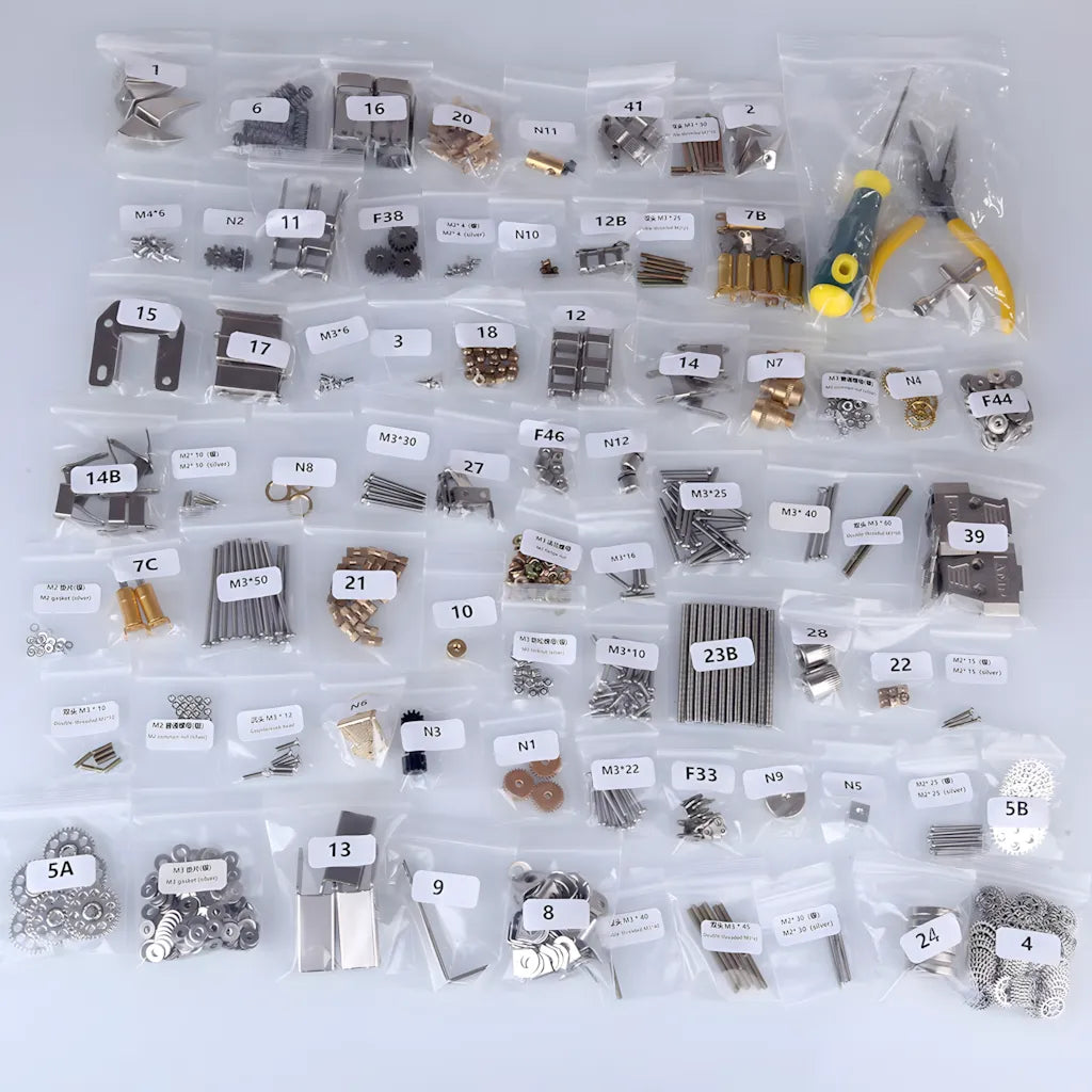 Top-down view of the comprehensive DIY kit contents, showing bags of small parts, gears, screws, and included assembly tools