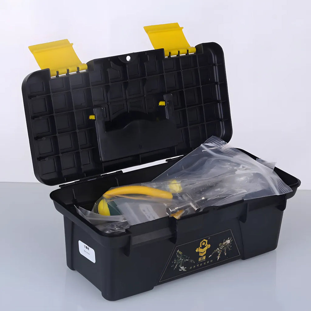 The product packaging, shown as a black plastic toolbox, implying its nature as a challenging DIY robot kit for advanced builders