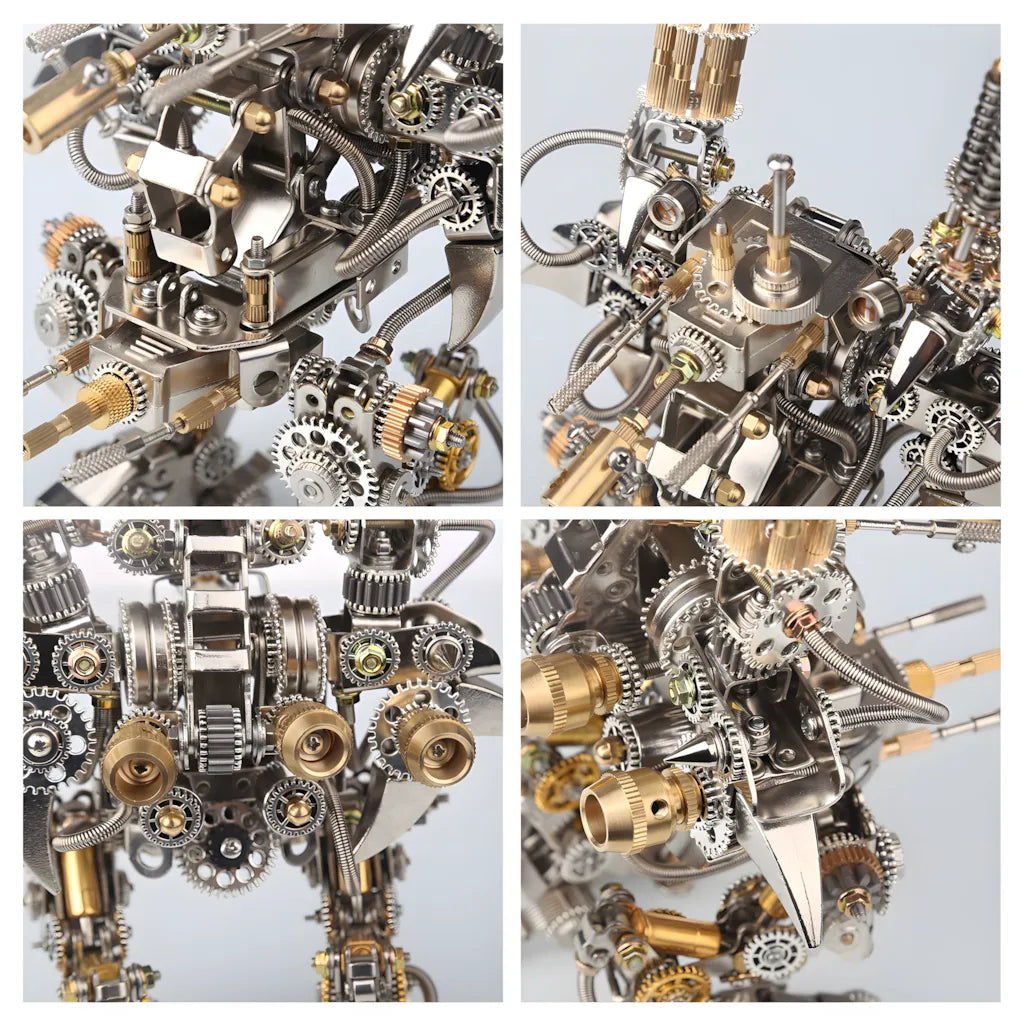 A four-quadrant close-up macro view, detailing the complex gear system, brass piping, and weapon mountings of the mech robot