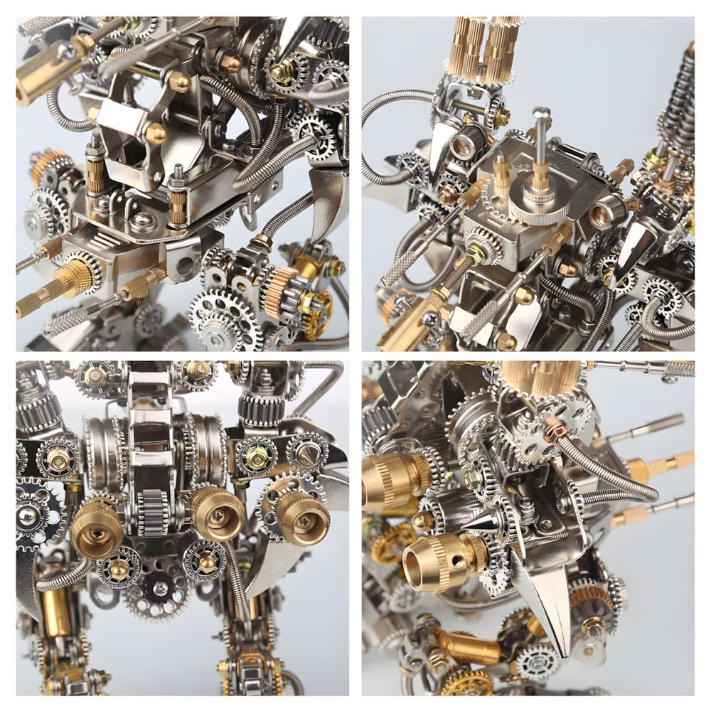 A four-quadrant close-up macro view, detailing the complex gear system, brass piping, and weapon mountings of the mech robot