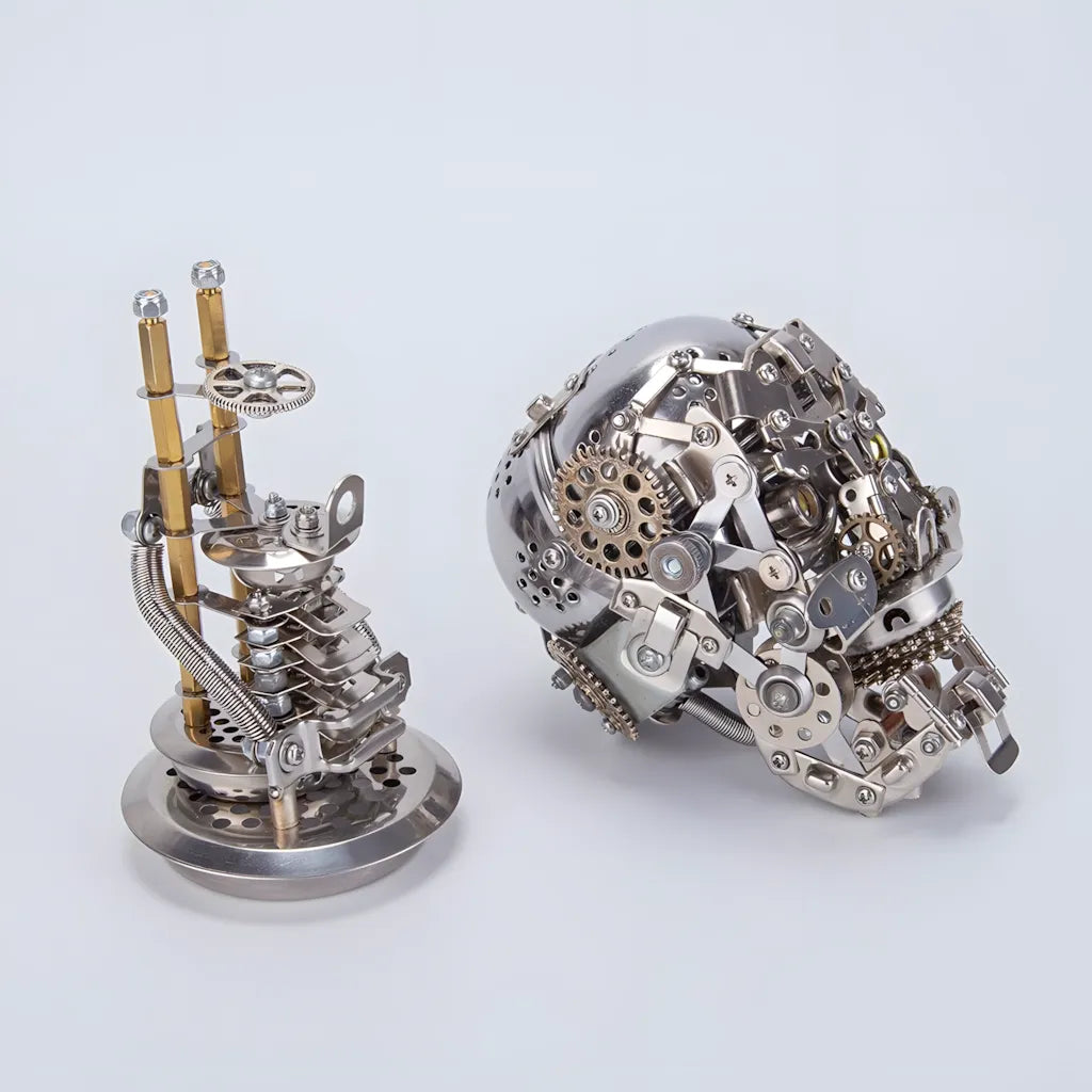 A view of the Cybernetic Skull model disassembled into its two main parts, the head and the mechanical neck base, on a white background