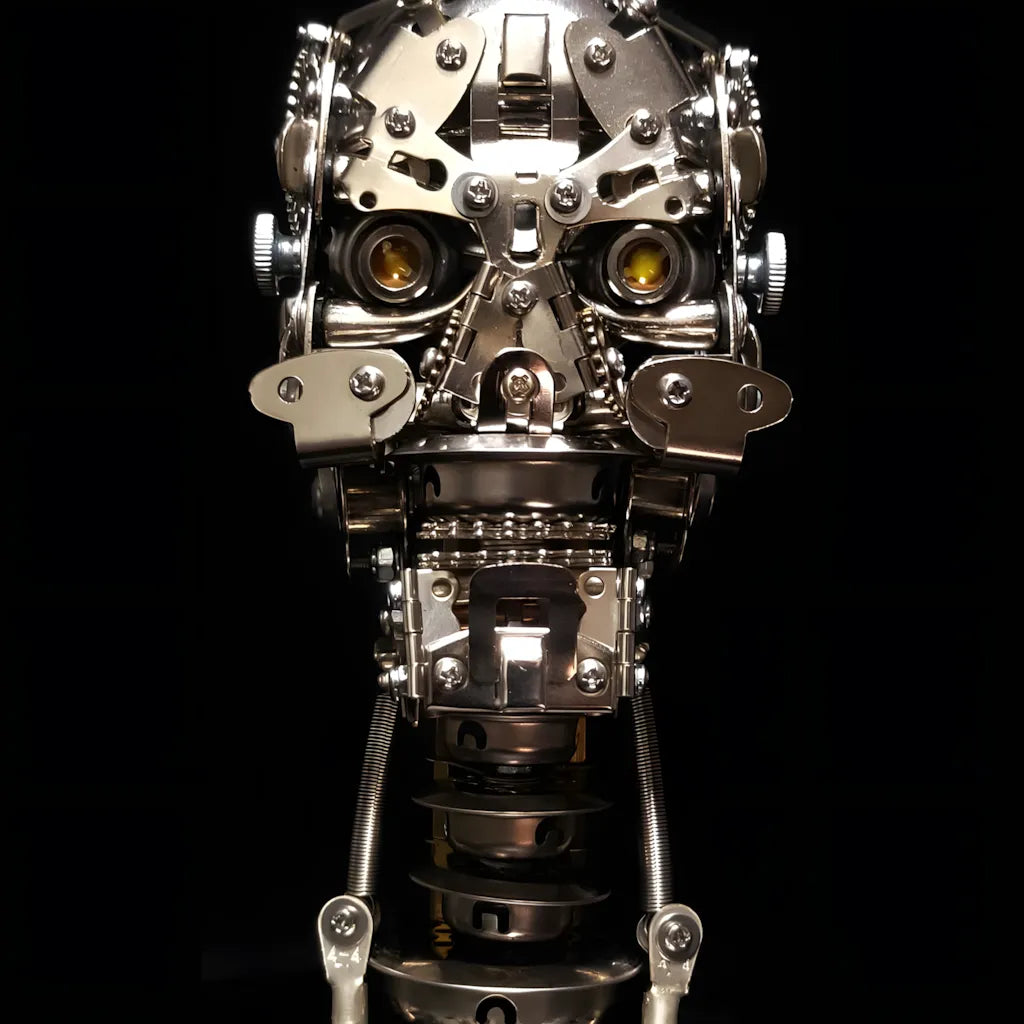 The Cybernetic Skull 'The Initiate' beginner metal puzzle, shown from the front with glowing yellow LED eyes on a black background