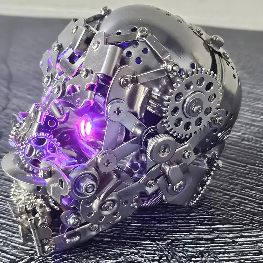 A close-up side detail of the Cybernetic Skull, showing exposed gears and pistons with a strong purple light source inside.