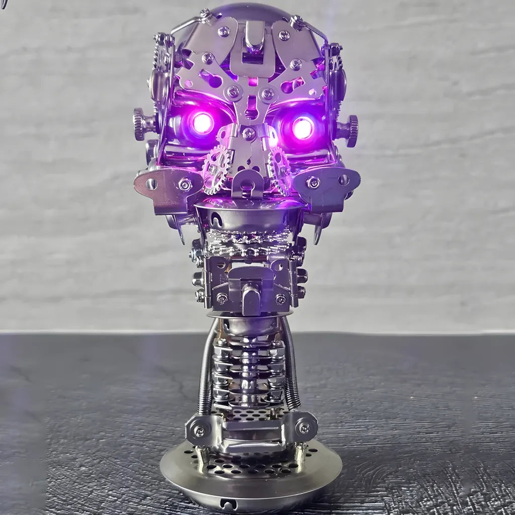 Front view of the fully assembled Cybernetic Skull on its metal base, showing a strong purple LED light effect.
