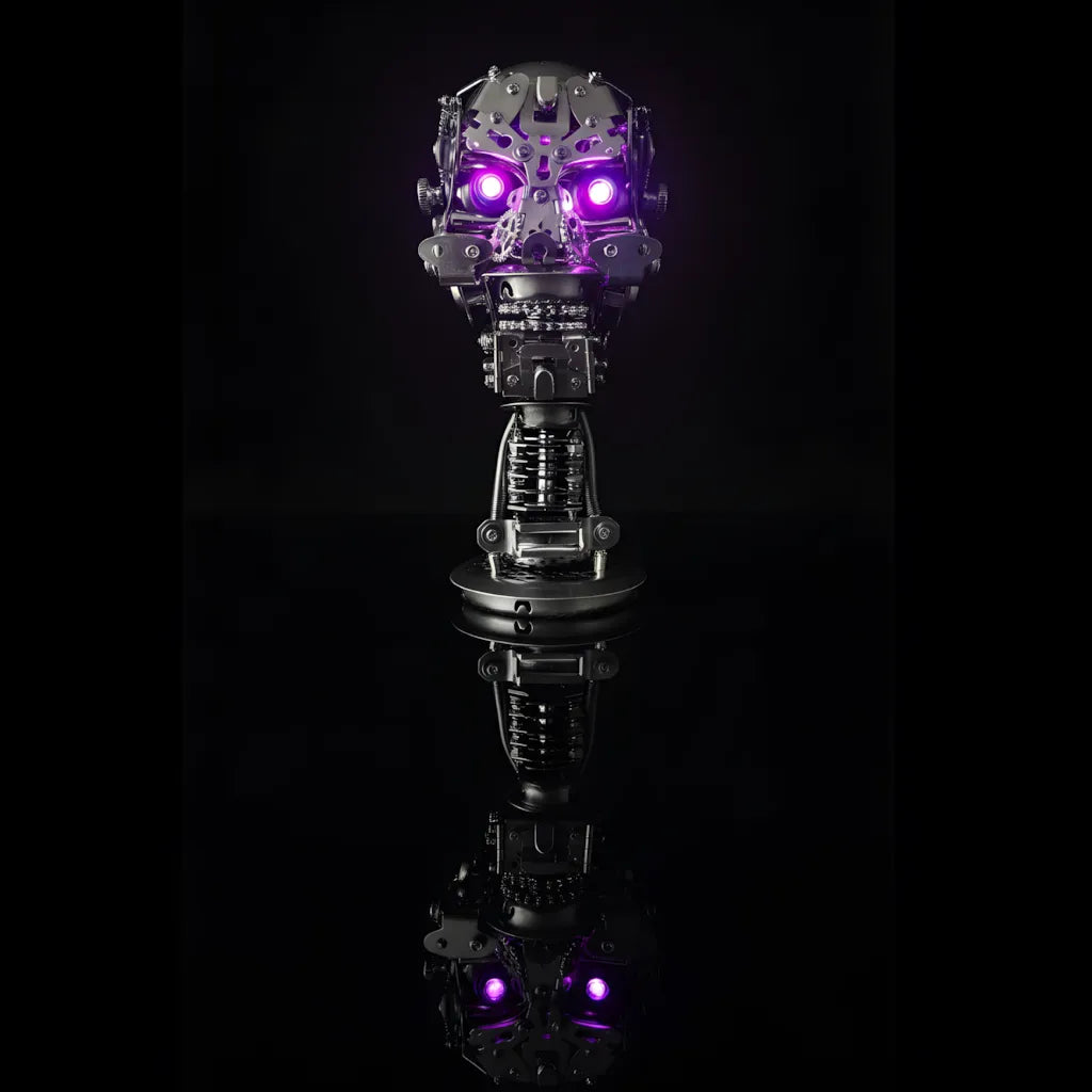A full view of the assembled Cybernetic Skull on a black reflective surface, showcasing the purple LED light effect.