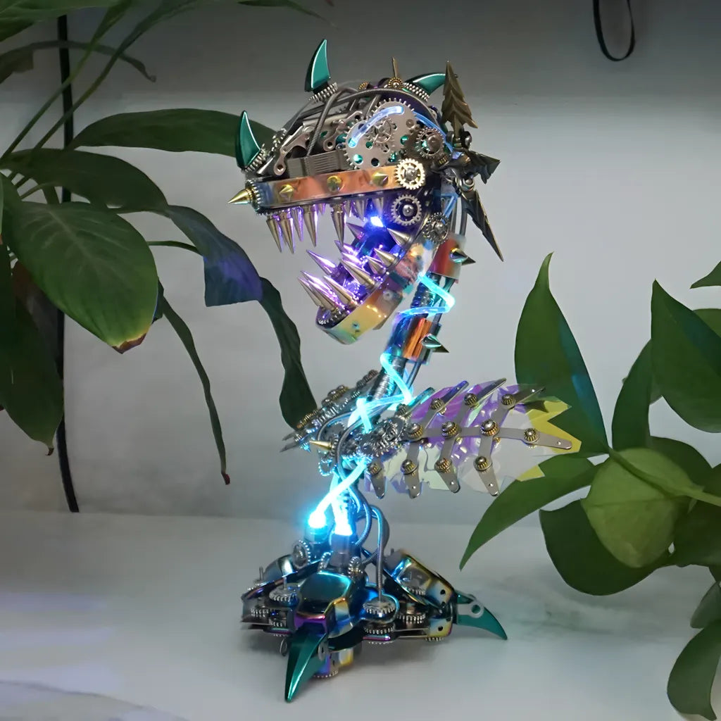 The Mechanical Carnivorous Plant illuminated with blue light, set among green household plants, emphasizing the bio-mechanical theme.