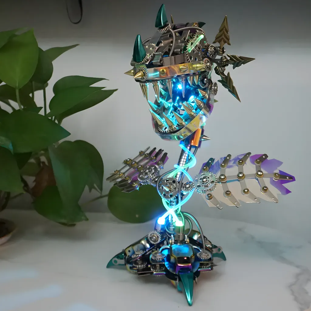 The Mechanical Carnivorous Plant Kit with blue LED illumination, emphasizing the sharp metal teeth and the swirling light tube stem.