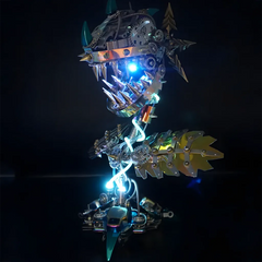 Assembled cyberpunk mechanical carnivorous plant model kit with its glowing blue and purple lights illuminated, shown on a black background