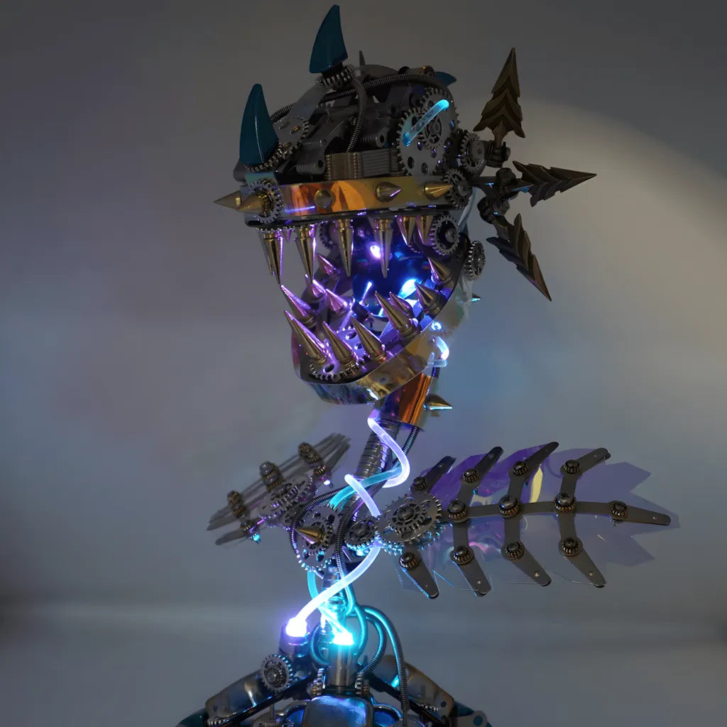 Side view of the robot plant with purple internal light and bright external glow, emphasizing the sharp gold teeth and spiked armor.