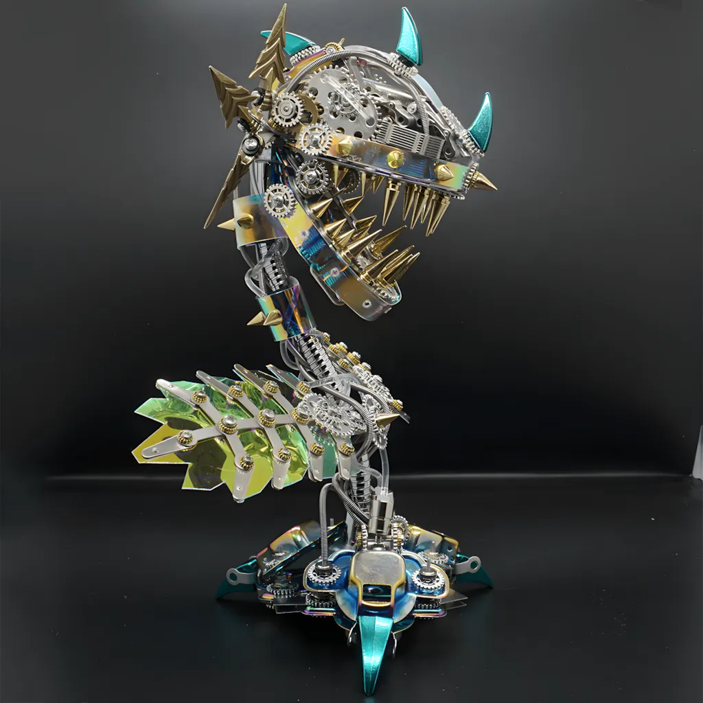 Side profile of the Mechanical Plant on a black background, showcasing the highly detailed head, segmented spine, and iridescent leaves.