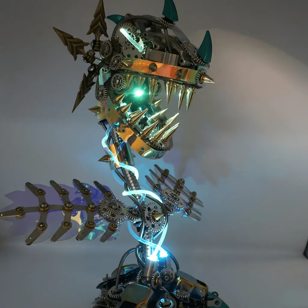 The cyberpunk 3D metal puzzle on a white background, showcasing the glowing maw and the metallic, iridescent leaves