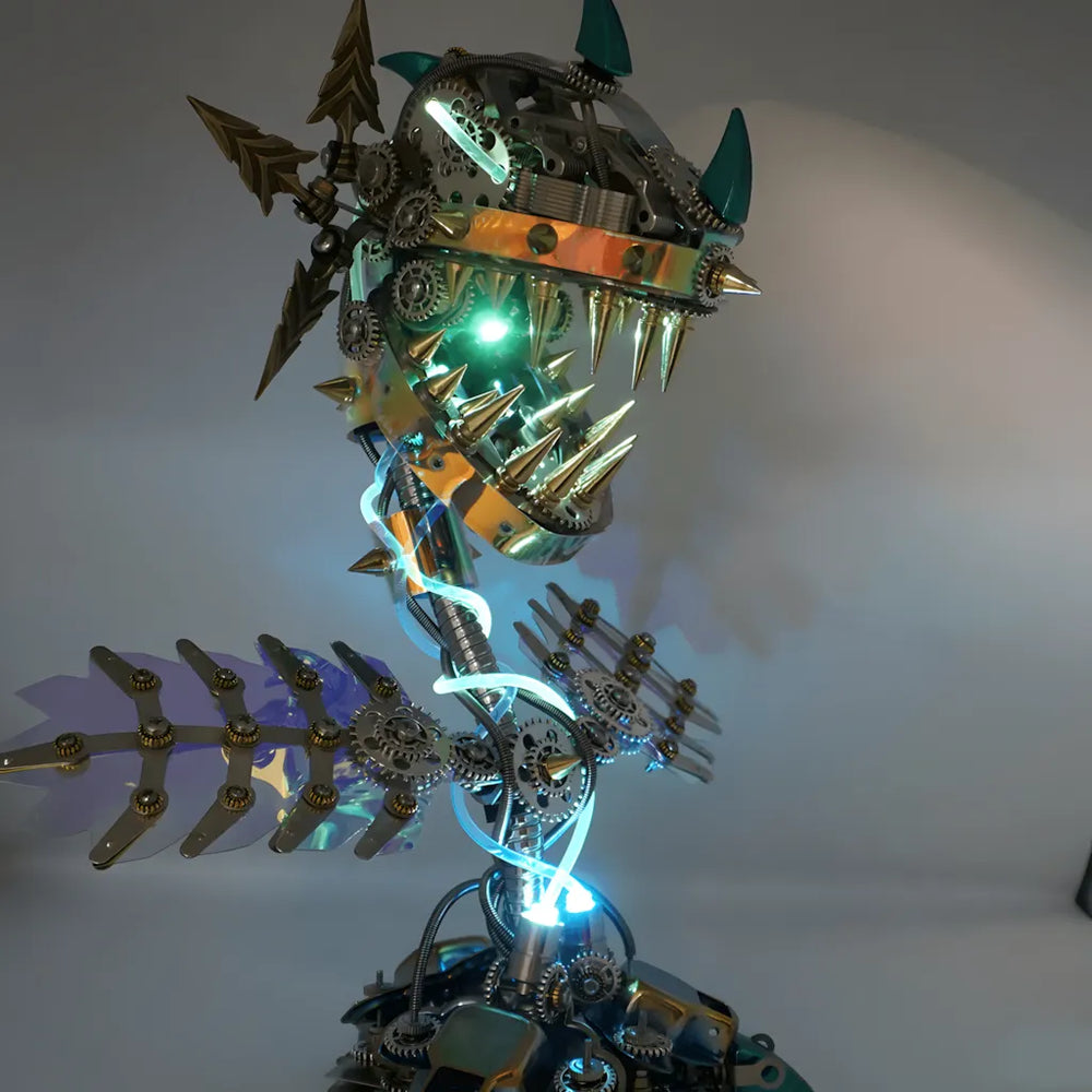 The cyberpunk 3D metal puzzle on a white background, showcasing the glowing maw and the metallic, iridescent leaves