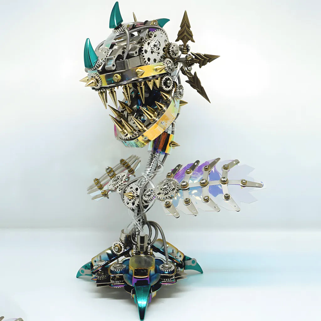 The robot plant model with blue light active on a white background, emphasizing the translucent metallic body and spiked armor.