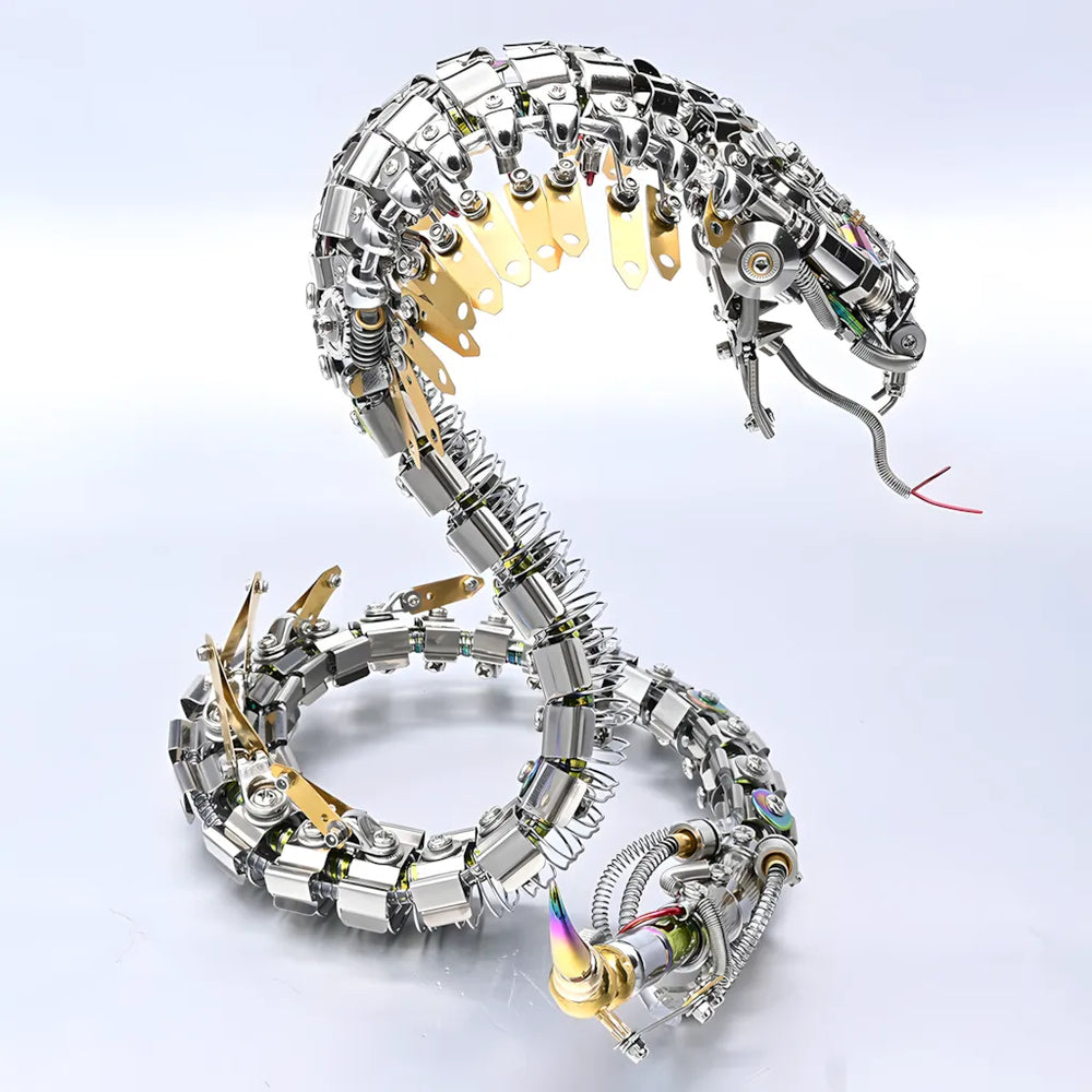 The Mechanical Cobra Kit in a natural, curved S-pose, emphasizing the gold and silver metallic scales and the highly segmented body