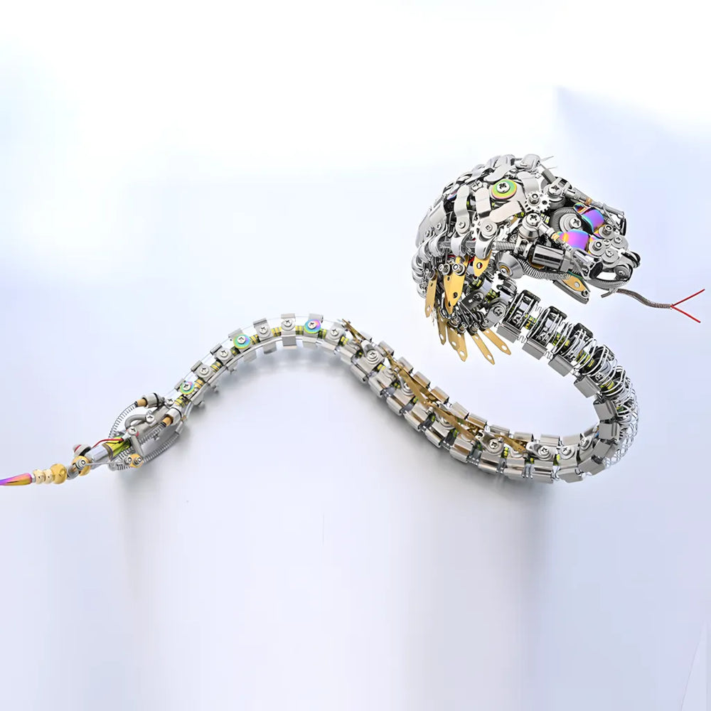 The LED Robot Snake Puzzle  displayed in a curving pose, showing the full length and the meticulous assembly of the body segments