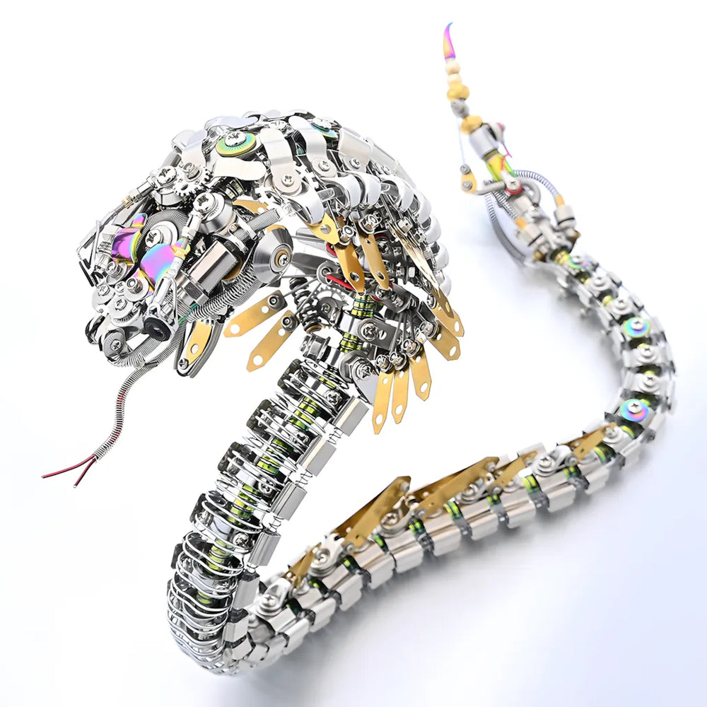 The 1000+ piece robot snake puzzle in a poised, striking position, showcasing the iridescent plating and full body articulation