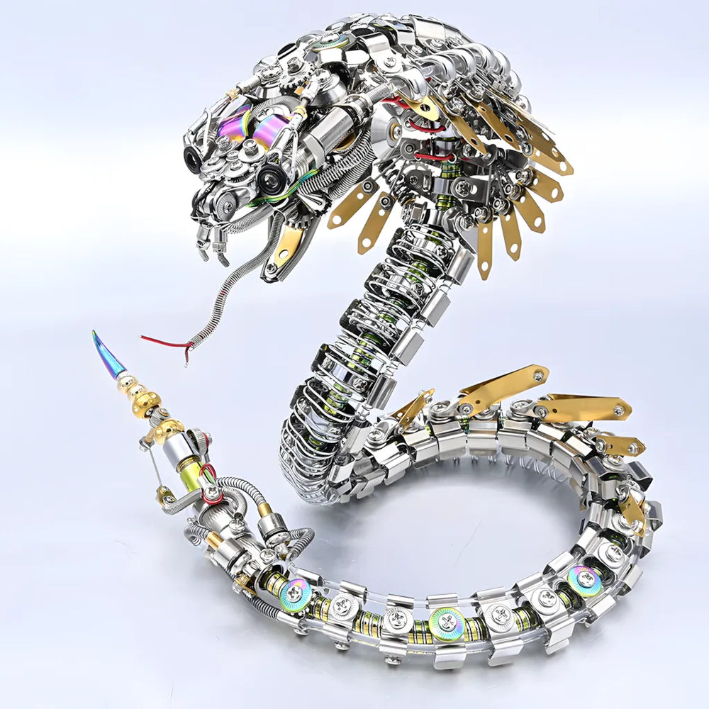 The 1000+ piece robot snake puzzle in a coiled pose, showcasing the full body articulation and detailed metallic plating against a white background