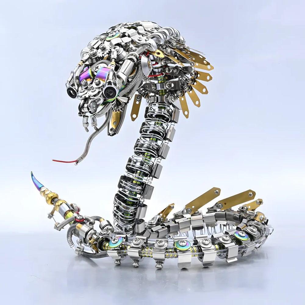 The 80cm long mechanical cobra  in a striking, coiled pose, highlighting the intricate head and flexible spine articulation