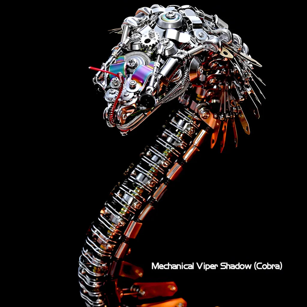 Close-up profile of the cyberpunk cobra head, emphasizing the intricate metalwork, multi-colored plating, and focused gaze.