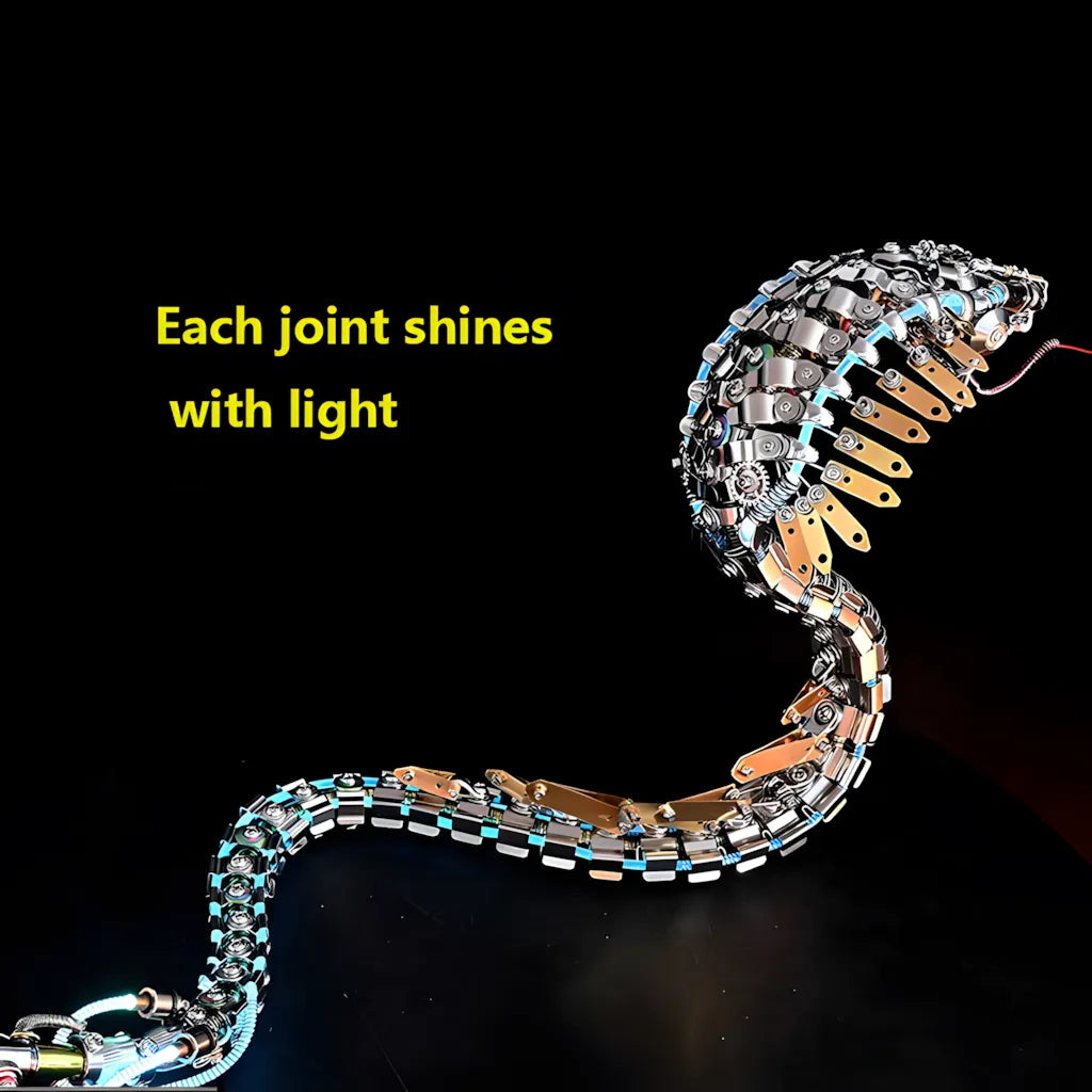 Detailed view of the snake's body, emphasizing the phrase ""Each joint shines with light"" and the glowing blue LED segments.