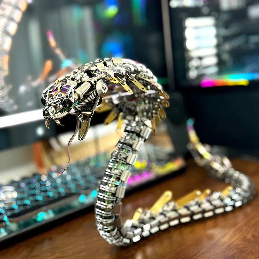 The Mechanical Cobra model placed on a desk next to a monitor and keyboard, illustrating its impressive scale as desk decor.