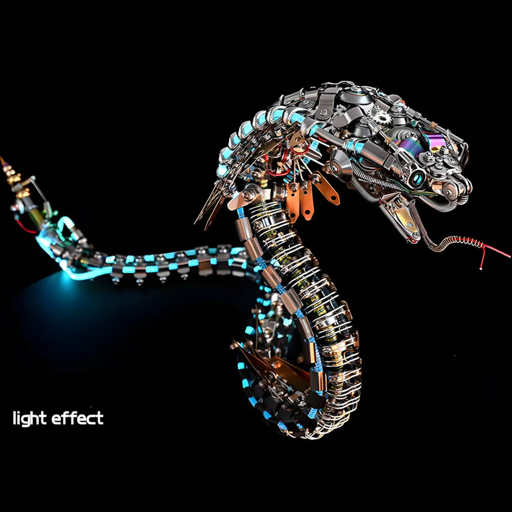 The LED robot snake in a dark setting, demonstrating the glowing blue light effect along its spine and tail.