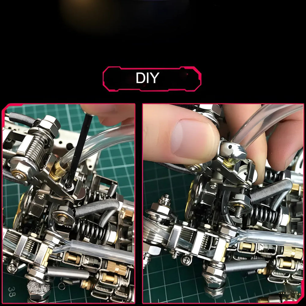 Hands assembling the DIY model kit, demonstrating the intricate process of connecting the energy tubes and securing the metal parts with tools