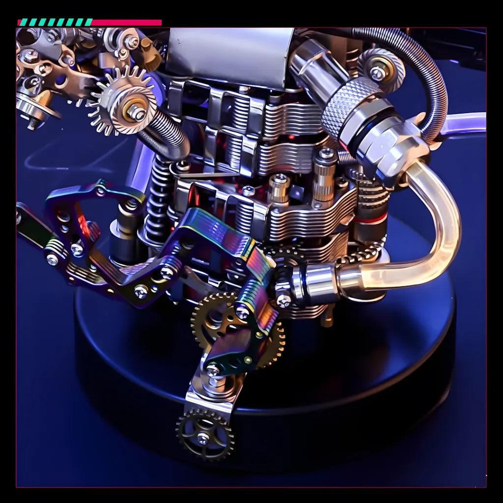 A close-up shot of the base of the mechanical dragon claw, detailing the complex piston and joint assembly, and touch switch location.