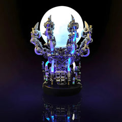 The Mechanical Dragon Claw Lamp illuminated in a dark setting, with the luminous moon orb and glowing blue energy tubes casting a cybernetic glow