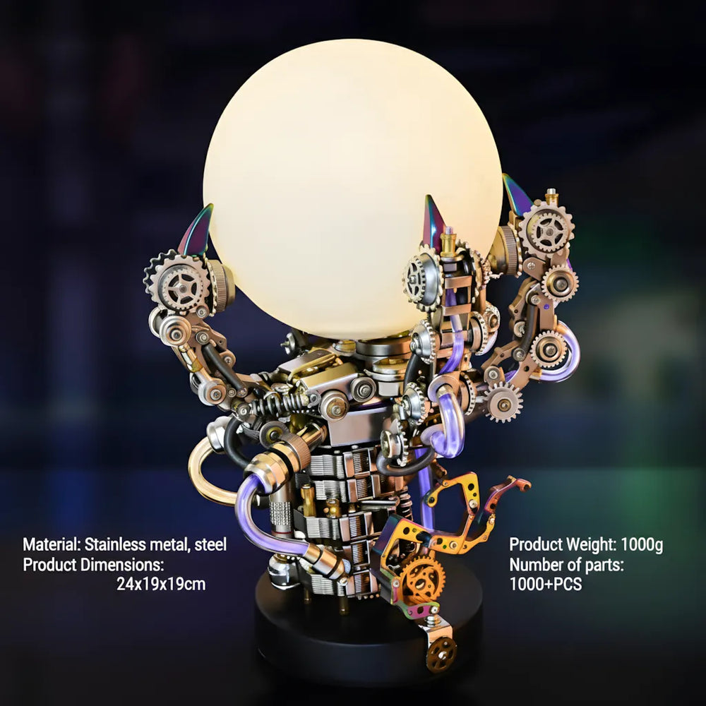 Front view of the finished Cyberpunk DIY Model Kit with the luminous moon orb and product specifications: 800+ pieces, 4/5 difficulty, and Stainless Steel materials
