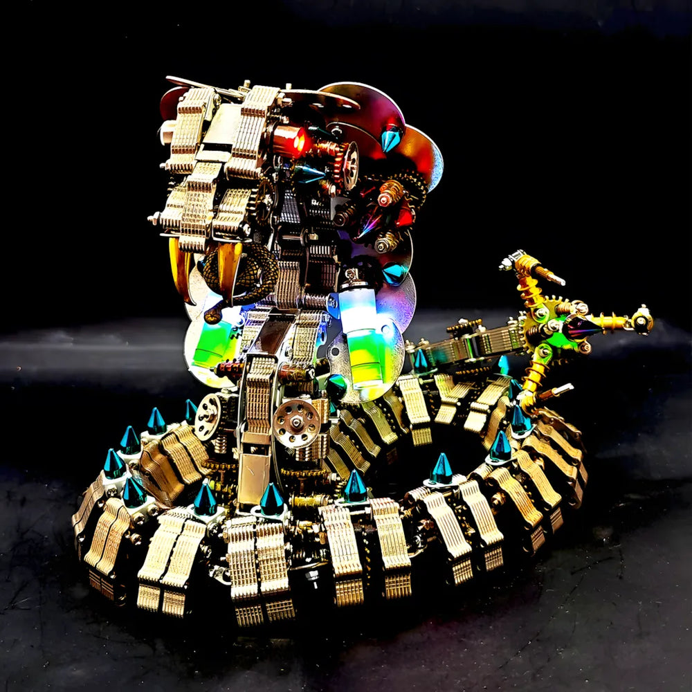 The Cyberpunk King Cobra, an expert-level DIY robot kit, with its green and blue LED lights illuminated on a black reflective surface