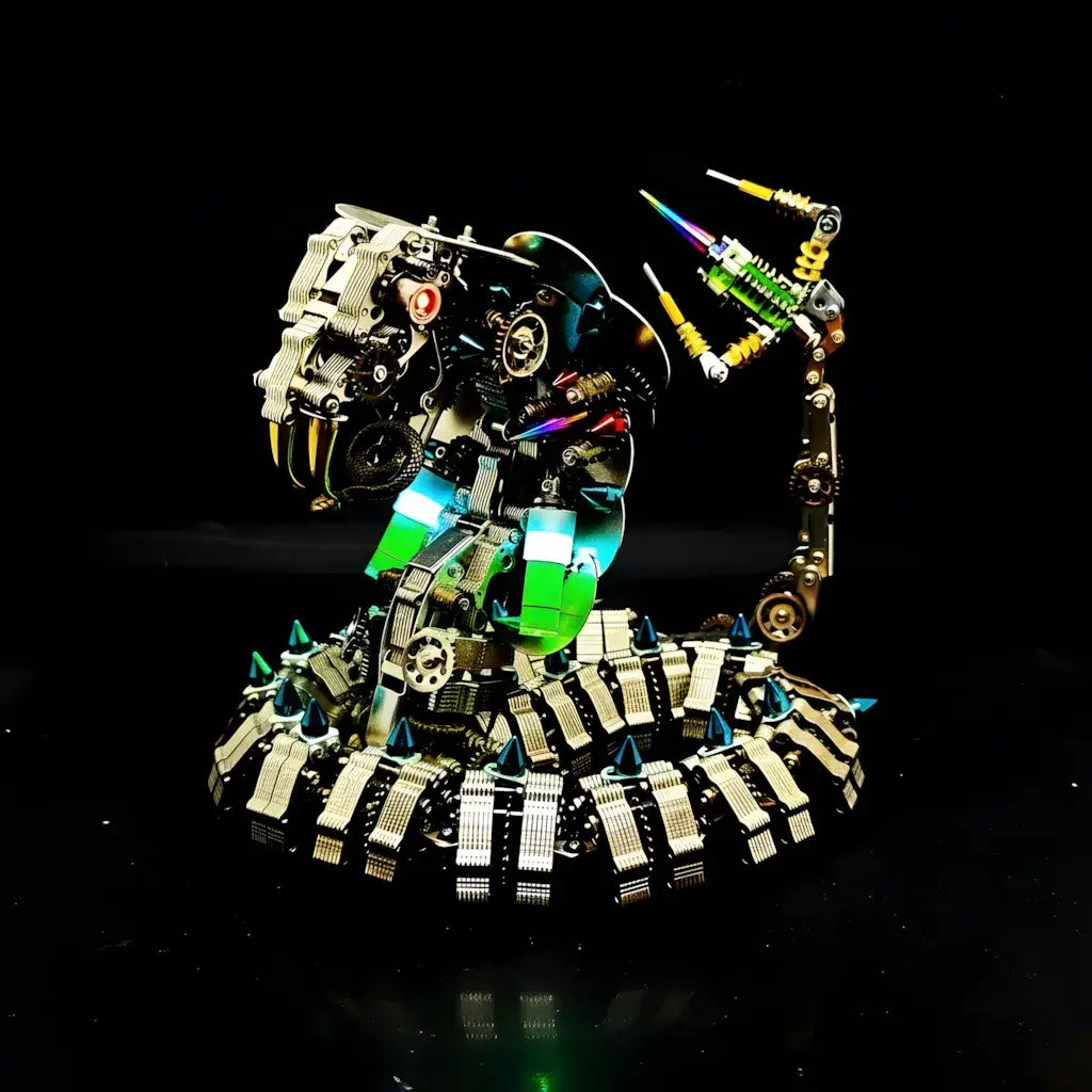 The Cyberpunk King Cobra model in a dark setting, highlighting the glow from its multi-color LED accents and menacing stance