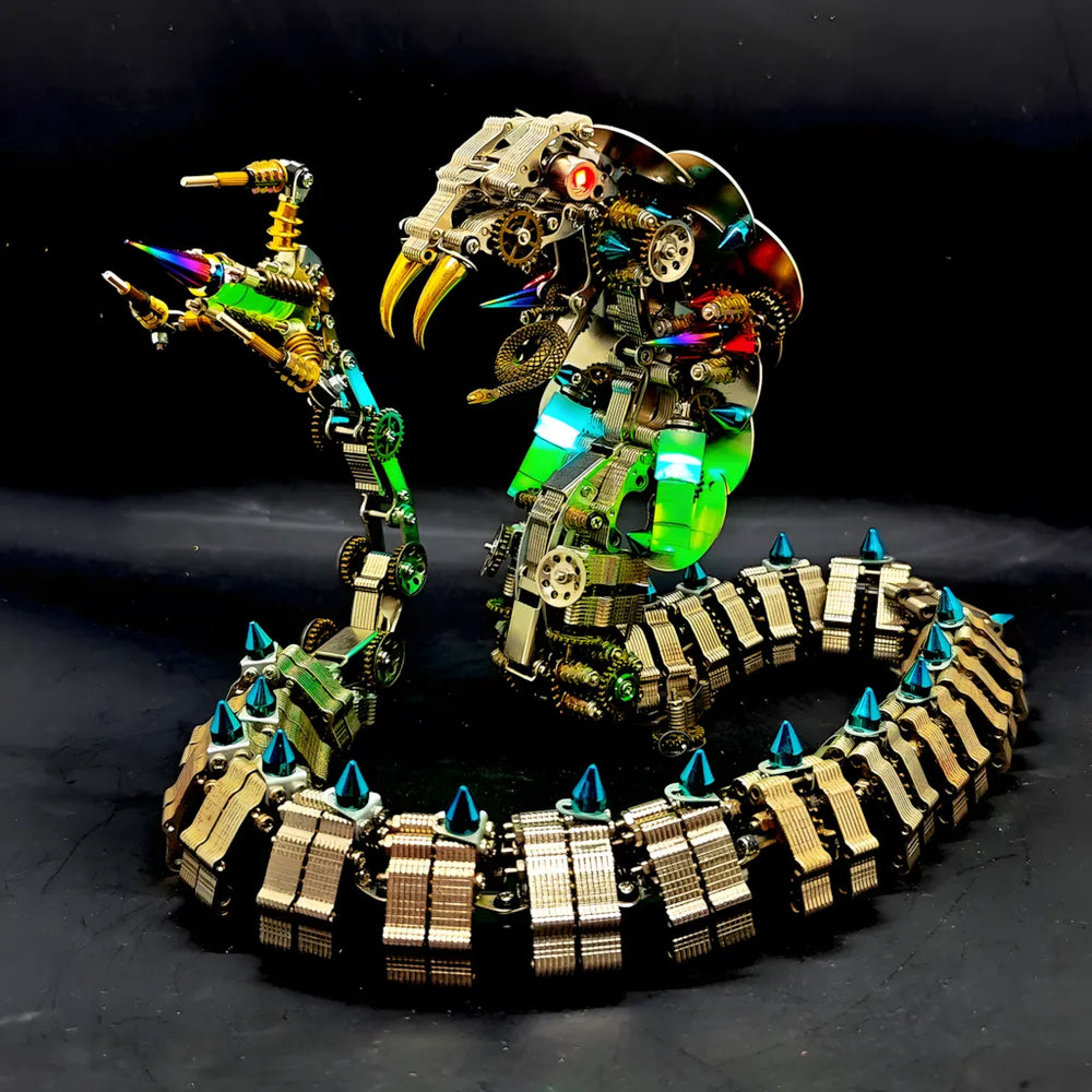 A detailed view of the articulated stinger tail of the 3D metal snake puzzle, showing its cyberpunk weapon design on a black background
