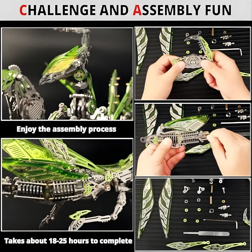 Hands assembling the expert-level green Mechanical Mantis, highlighting the translucent parts and the estimated 12 hour build time.