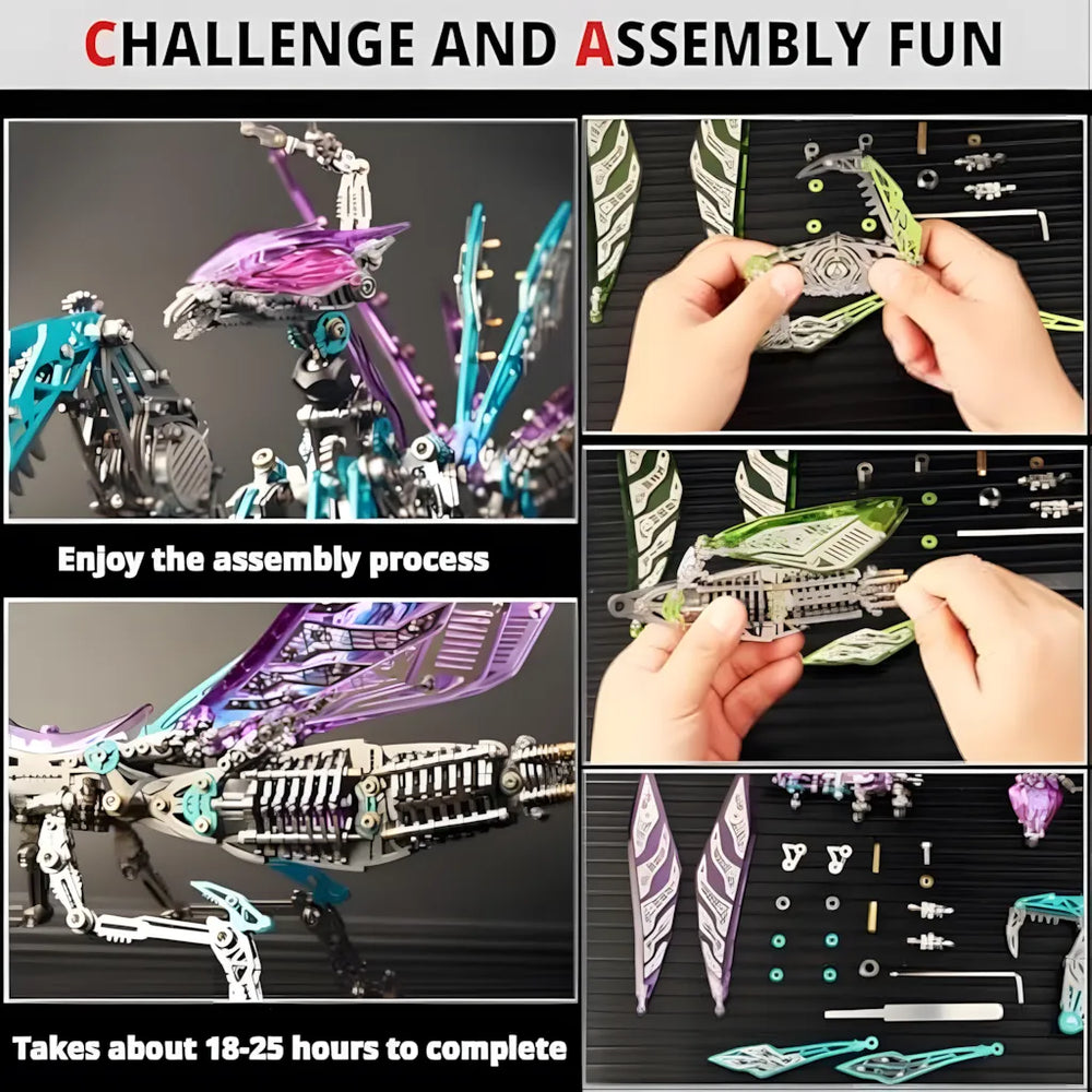 Hands assembling the expert-level purple Mechanical Mantis kit, showing the detailed parts and the estimated 18-25 hour completion time.