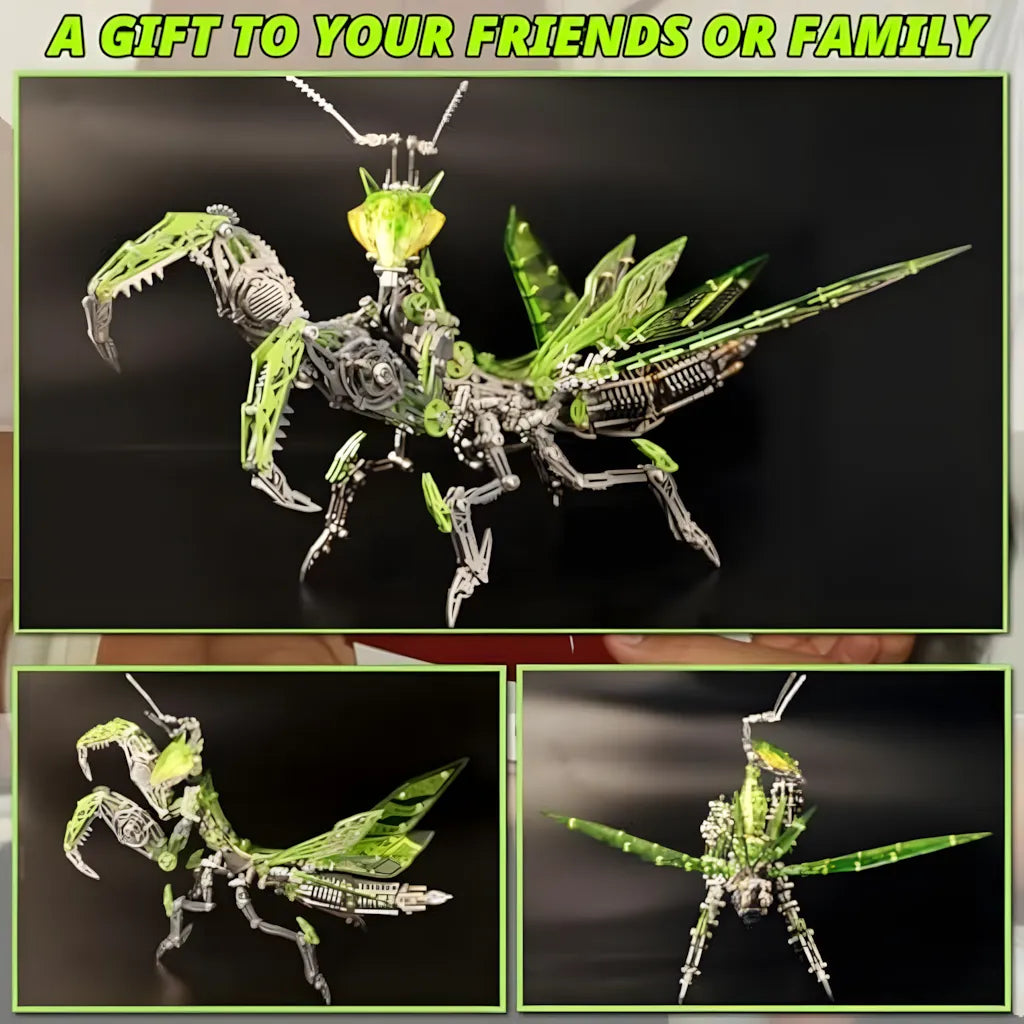The expert-level Mechanical Praying Mantis in green, displayed in three different dynamic poses, highlighting its use as a unique gift for engineers.