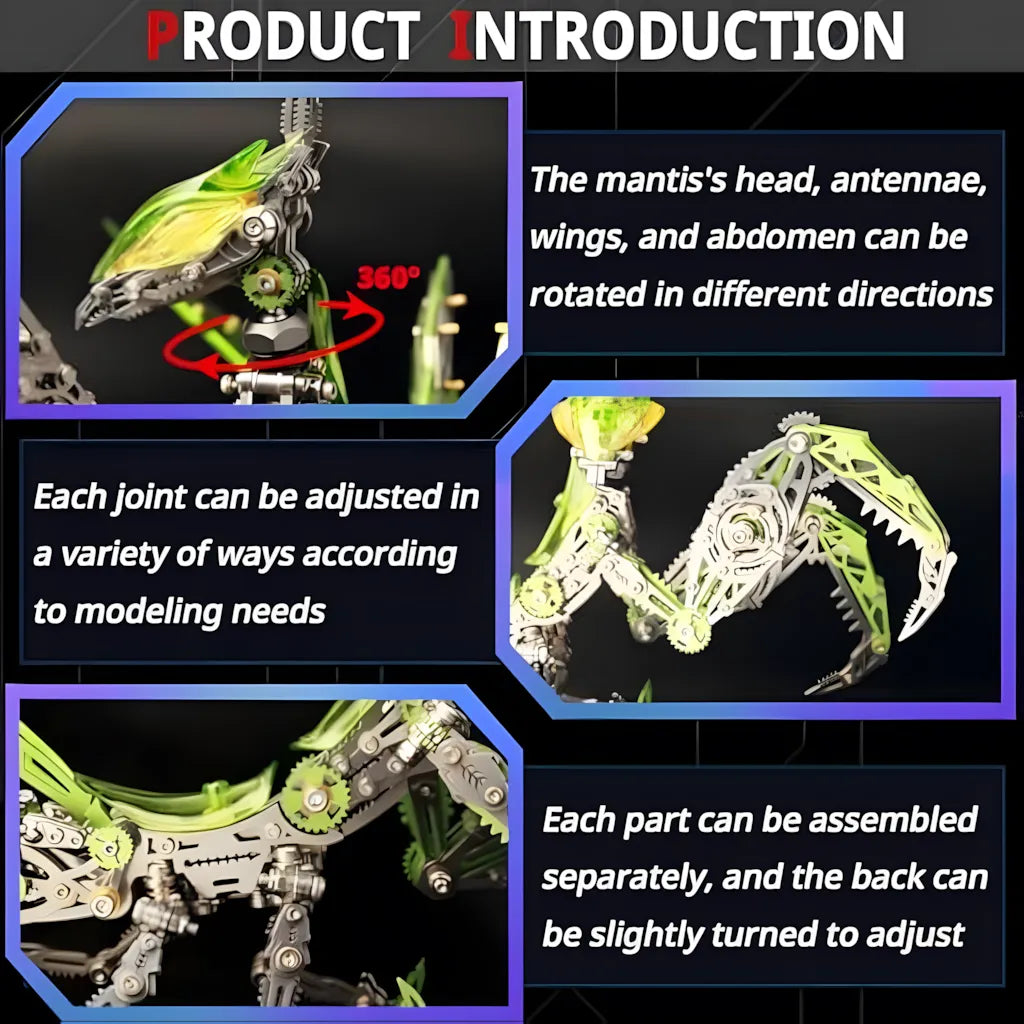 A function image showing the mantis's head, antennae, wings, and abdomen can be rotated 360 degrees, demonstrating its high poseability