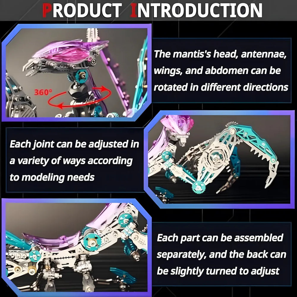 A function image showing the adjustable joints and separate assembly parts of the purple Cyberpunk Mantis model