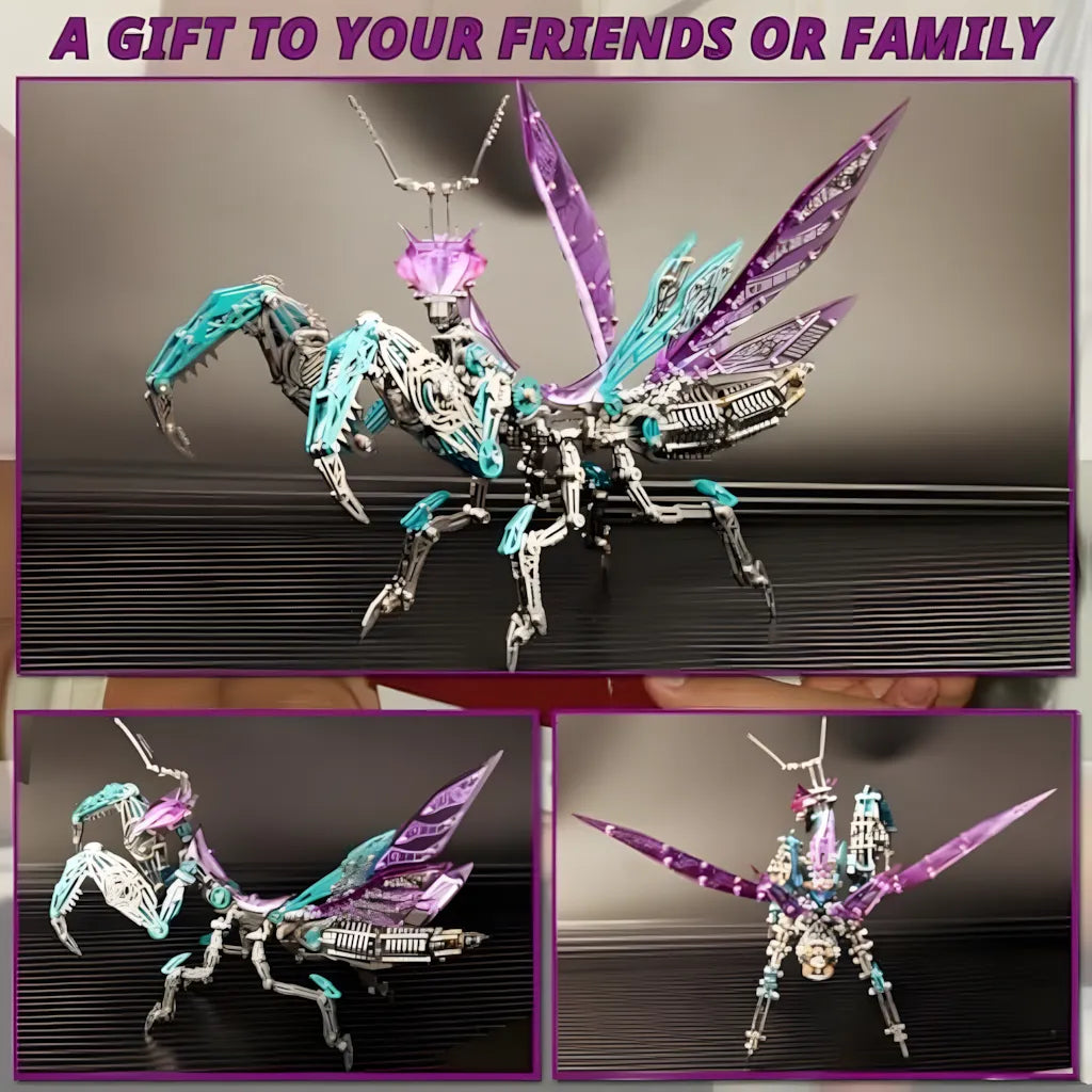 The purple variant of the Cyberpunk Mantis shown in multiple poses, showcasing its translucent crystal armor and high poseability.