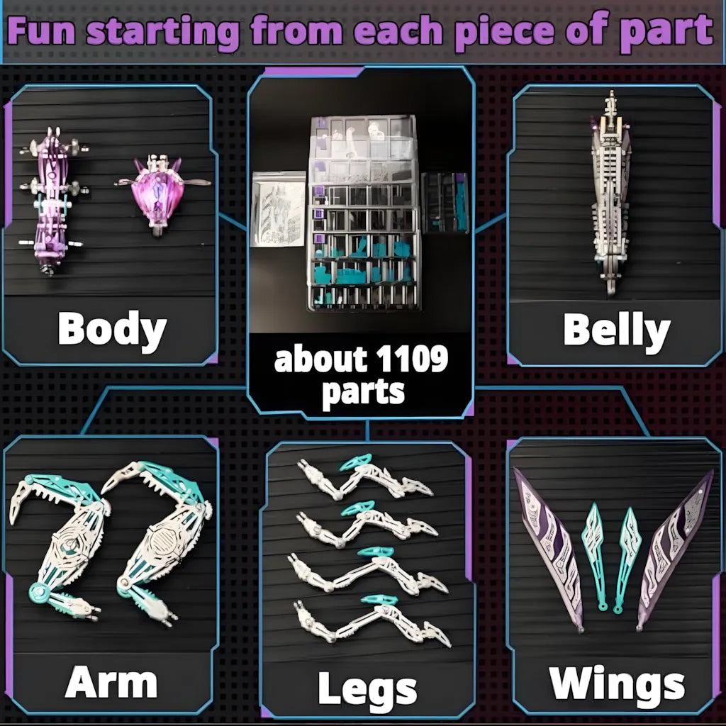 A visual breakdown of the purple Cyberpunk Mantis modular assembly parts, including Body, Arms, Legs, and Wings, emphasizing the 1109 pieces challenge.