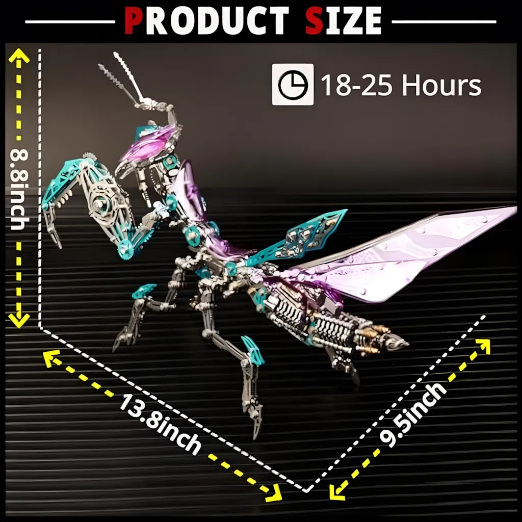 The finished purple Mechanical Praying Mantis model with dimensions, emphasizing the 18-25 hour expert assembly challenge