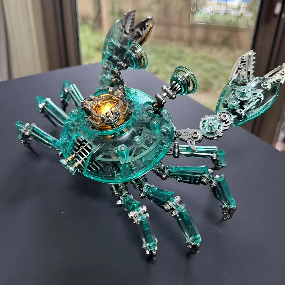 The assembled green Cyberpunk Crab model placed on a desk near a window, showcasing its bright internal light