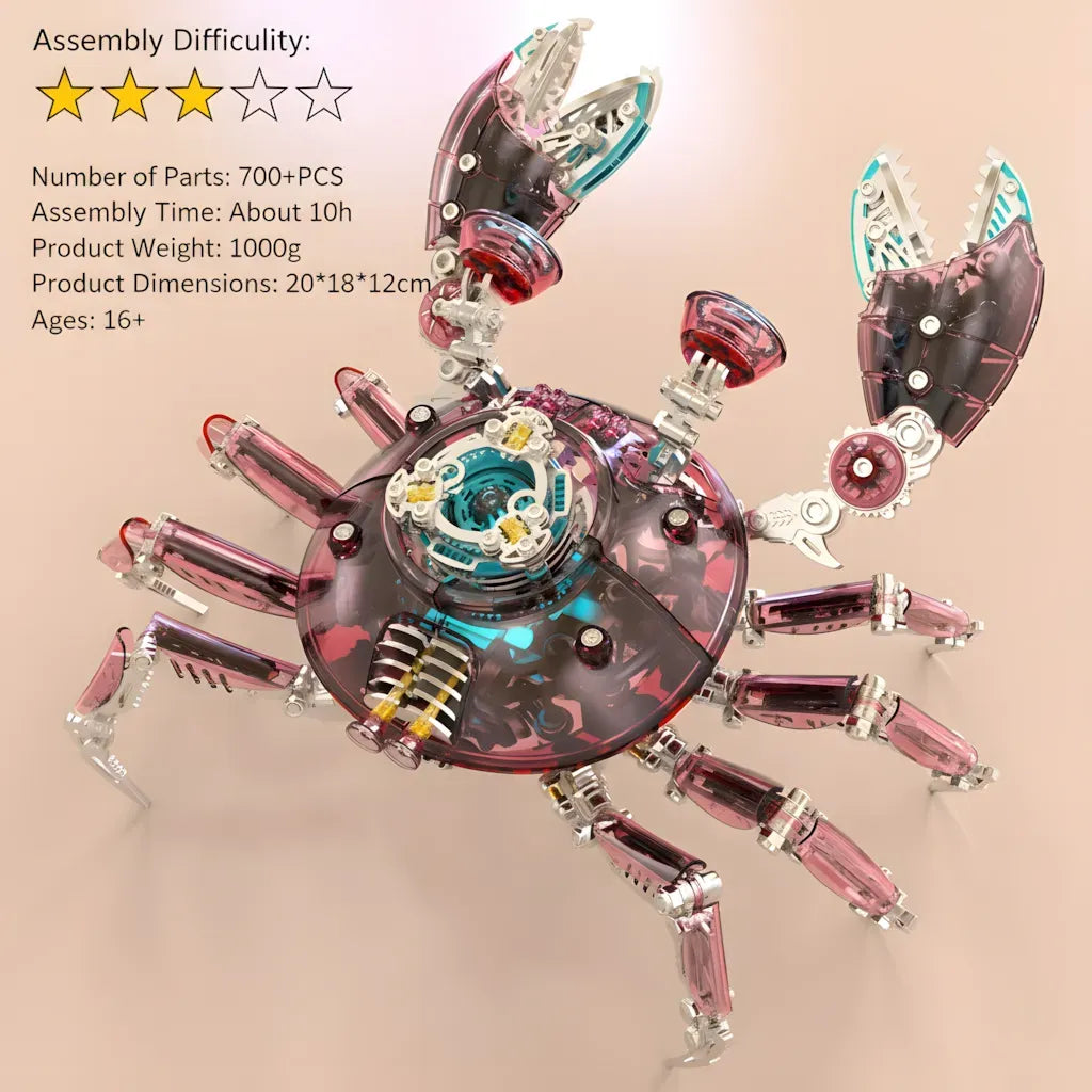 An informational graphic for the Mechanical Crab, confirming its 3-star intermediate difficulty, 700+ parts, 10-hour assembly time, and 1000g weight
